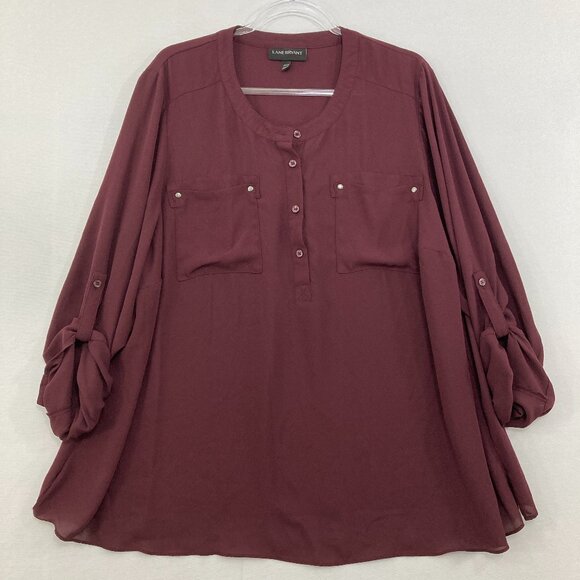 Lane Bryant size 22/24 Brown Maroon Rolled Sleeve Popover Blouse Office Career - Picture 1 of 10